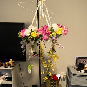 Vibrant Faux Floral Hanging Accent with Pink Yellow and White Blooms